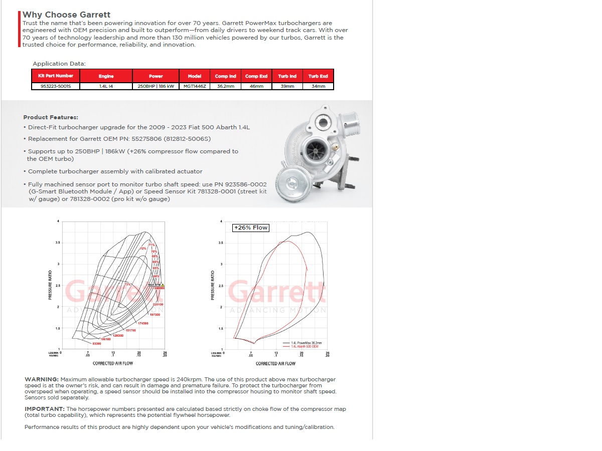 Garrett - TURBO - NEUF - HYBRIDE STAGE2 - FIAT 500 ABARTH 1.4L 2009-2023 PMAX STAGE 2 - MGT1446Z - PMAX UP TO 250CV - 55275806 - 812812-5006S - 812812-0006